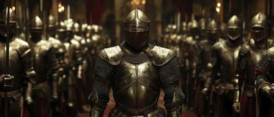 Cinematic view of a castle armory showcasing swords and suits of armor in a medieval setting