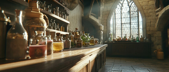 Cinematic view of an alchemist's lab filled with potions and ancient ingredients