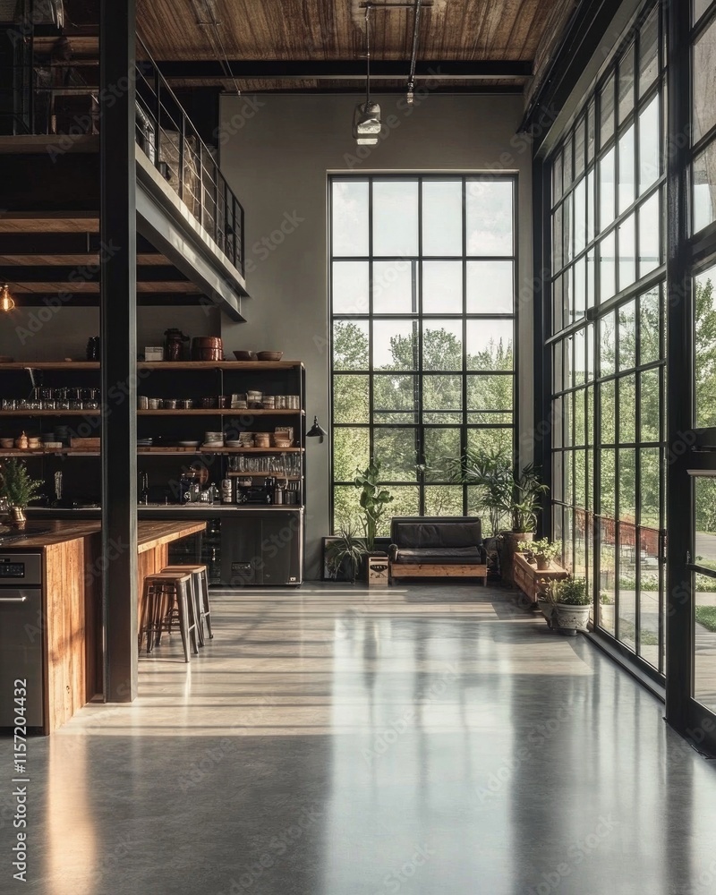 Poster a large open kitchen with a window and a couch