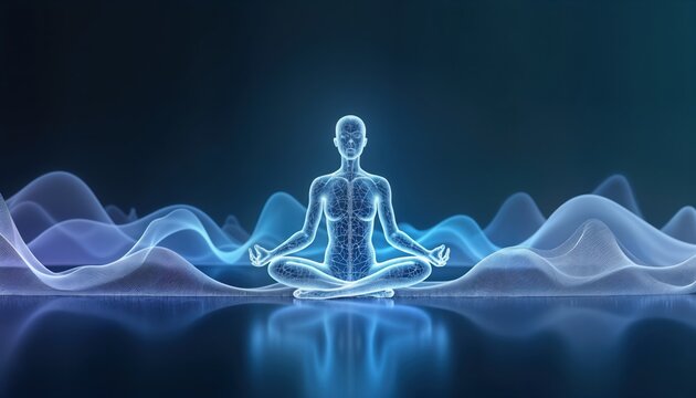 Abstract 3D image shows woman meditating in lotus position. Sound waves visually represent healing energy. Digital illustration suggests music therapy sound meditation concept. Image stylized,