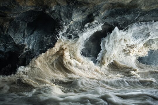 Dramatic ocean waves rolling and crashing into a textured cavern, highlighting the raw, uncompromising beauty and relentless power of nature in motion.