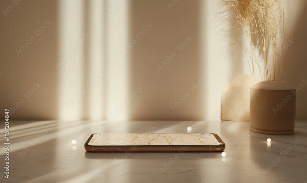 Poster a cell phone is sitting on a table in front of a window
