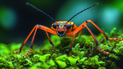 Fototapeta premium Close-up of vibrant orange insect on green moss.