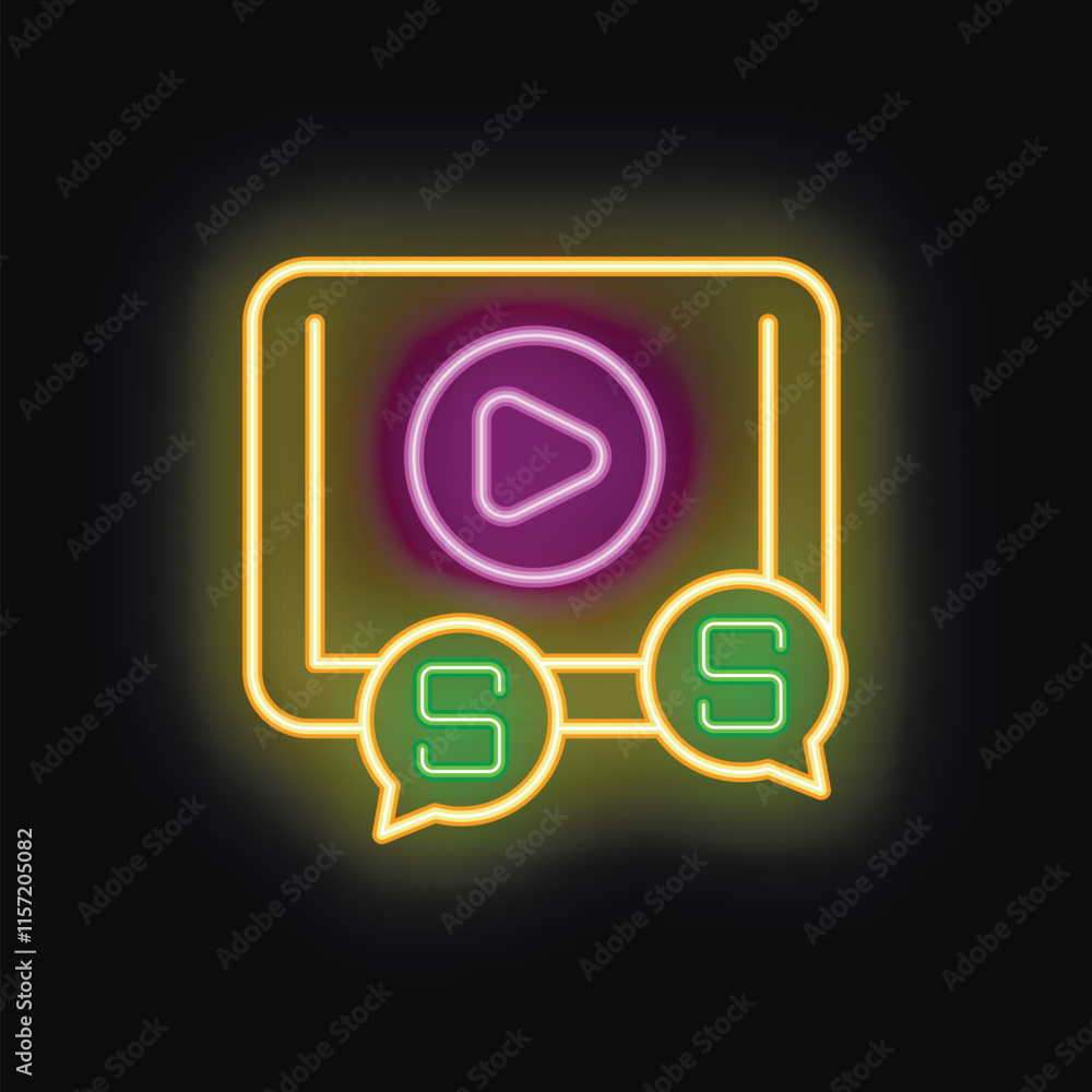 Aufkleber neon sign showing a tablet with a play button and a subtitle icon, concept of streaming platform