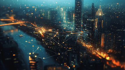 Fototapeta premium Smart digital Innovation city with connection network reciprocity over the cityscape. of future smart wireless digital city and social media networking systems that connects people with in city