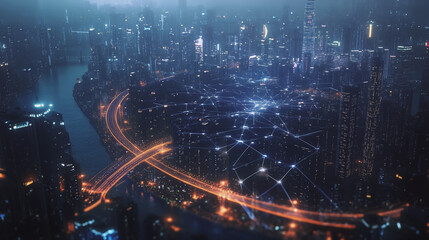 Smart digital Innovation city with connection network reciprocity over the cityscape. of future smart wireless digital city and social media networking systems that connects people with in city