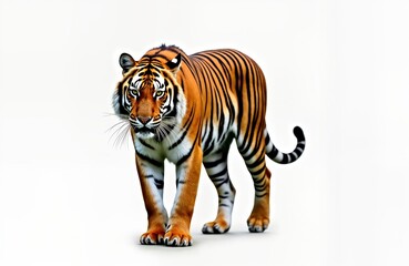 Fototapeta premium Majestic bengal tiger walks towards viewer. Powerful predator with orange stripes, black markings. Isolated on white background. Strong, majestic animal. Wildcat strolls. Wildlife image. Perfect for