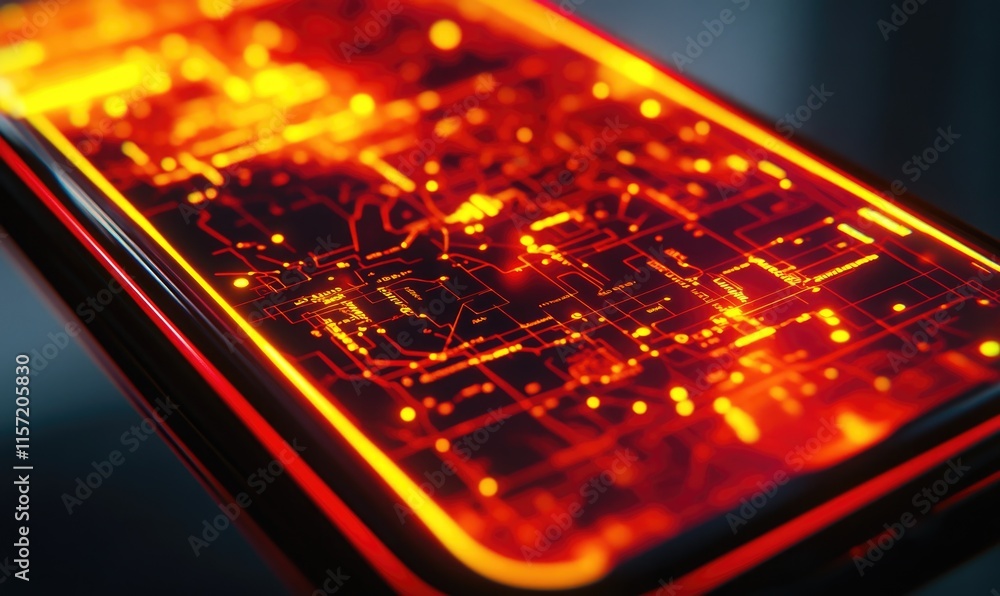 Poster a phone with a red screen showing a circuit board