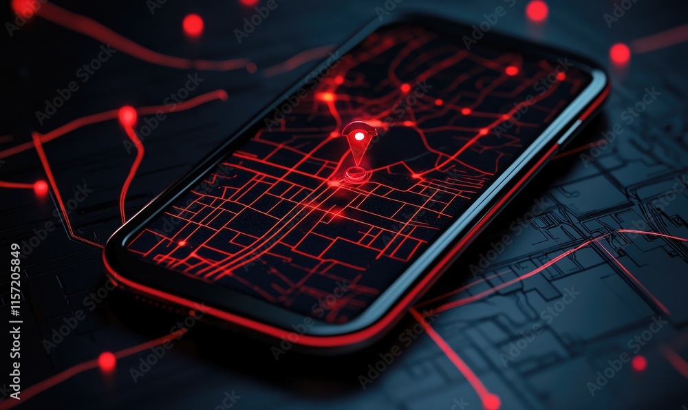 Poster a phone with a red screen showing a map of a city