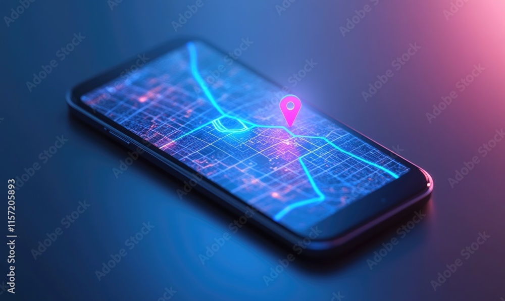 Poster a cell phone with a map on the screen and a red dot on it