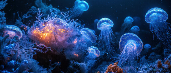 Obraz premium Cinematic deep sea exploration featuring bioluminescent creatures illuminating the dark waters