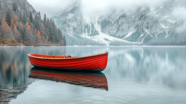 Red rowboat on a calm lake with mountain reflection.