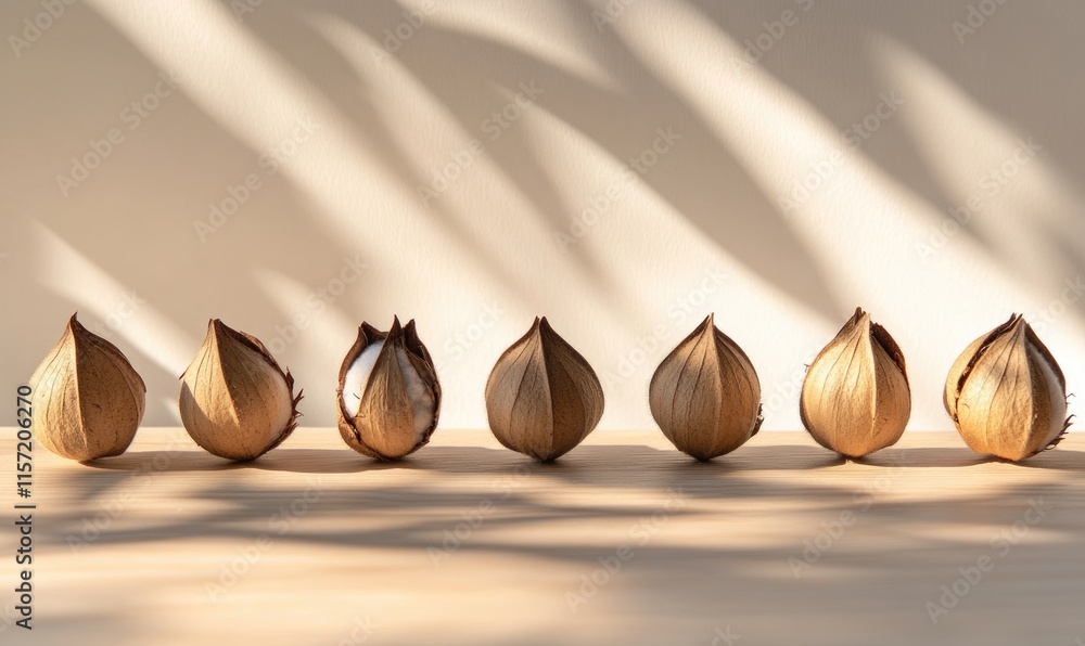 Poster a row of nuts are on a table
