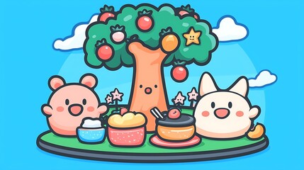Naklejka premium Cute cartoon animals enjoying desserts under a fruit tree.