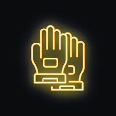 Yellow neon icon of working gloves glowing on a black brick wall background