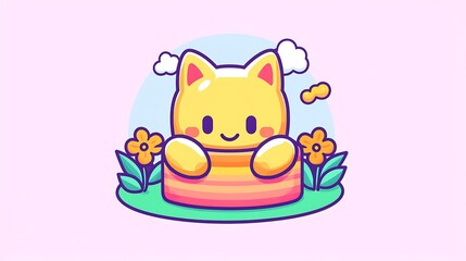 Fototapeta premium Cute cartoon cat peeking from colorful box in garden.