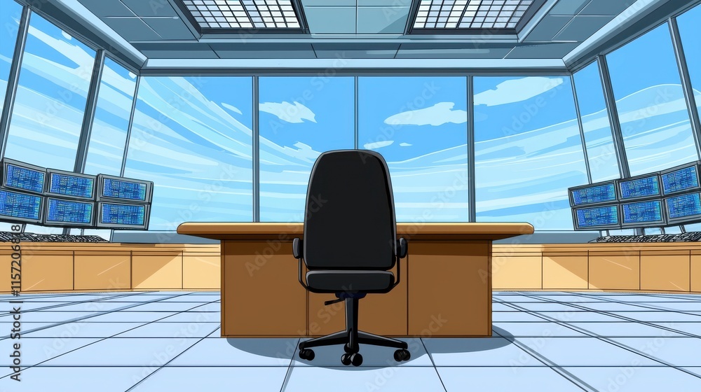 Poster bright and spacious corporate office workspace with modern furniture and advanced technology for eff