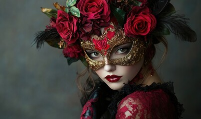 A woman wearing a red mask with gold accents