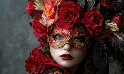 A woman wearing a red mask with gold accents