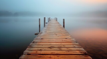 Fototapeta premium A wooden pier extending into a softly lit misty lake