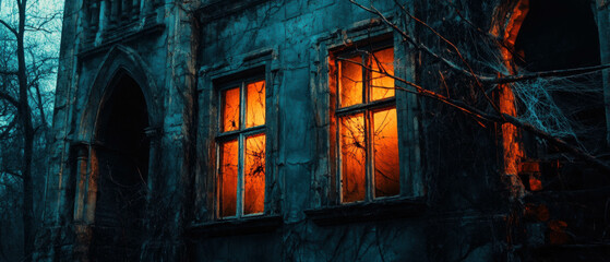 Fototapeta premium Cinematic view of a haunted house with broken windows and cobwebs in eerie lighting