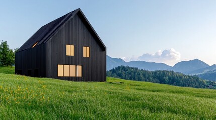 Obraz premium Charming Wooden Cottage Nestled in Lush Mountain Meadow with Scenic Countryside View