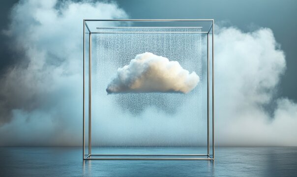 A cloud is falling from the sky and is inside a square glass box