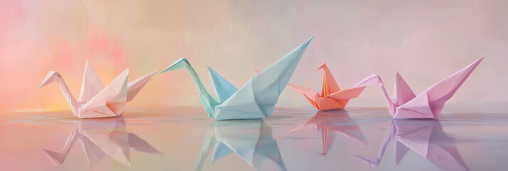 Obraz premium Pastel Origami Cranes with Reflection