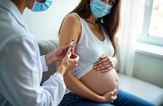Pregnant woman receiving vaccination in clinic. Medical pro gives corona virus vaccine injection. Safe maternity care. Focus on syringe injection. Health care worker giving protection against