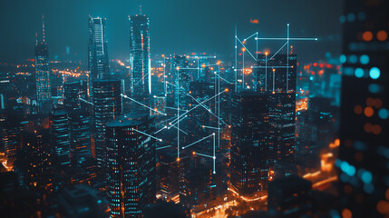 Fototapeta premium Smart digital Innovation city with connection network reciprocity over the cityscape. of future smart wireless digital city and social media networking systems that connects people with in city