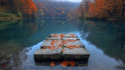 Calm autumn lake with stone platform, reflecting colorful trees.