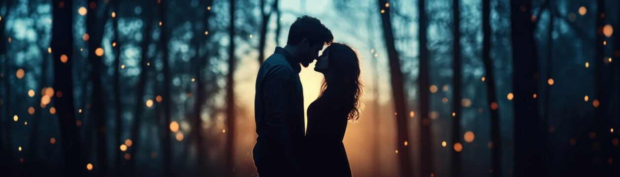 A timeless moment of love unfolds as a couple's silhouettes meet in a tender kiss at sunrise, embodying the eternal connection and soulmate concept This iconic and moving scene captures the essence