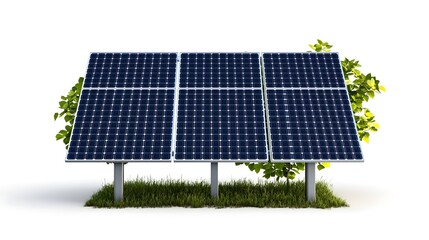 Solar Panels on Grass with Green Plants for Renewable Energy Use