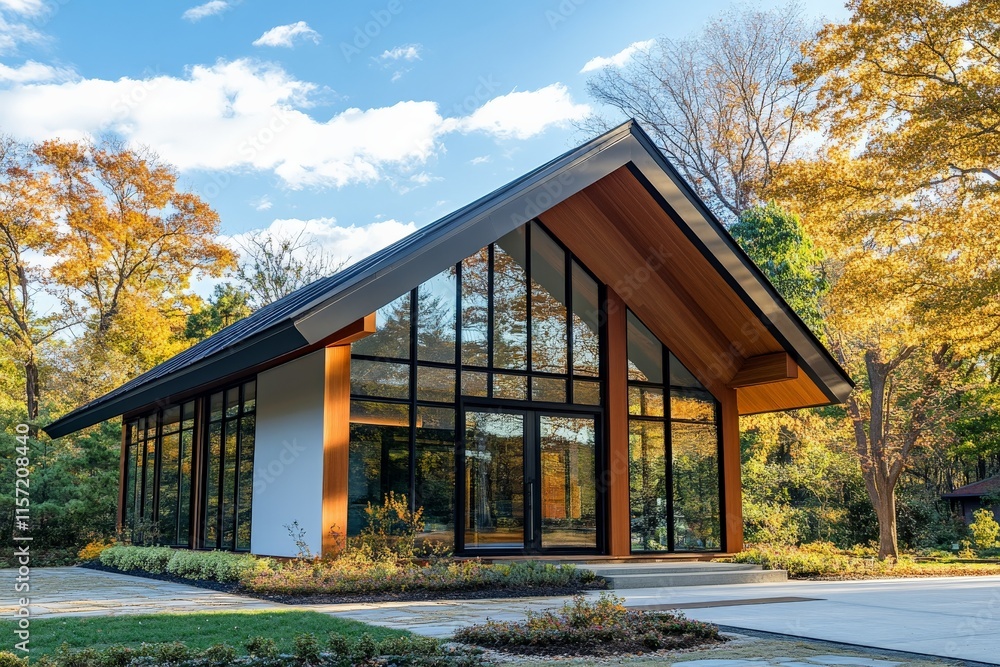 Poster this image features a contemporary house with expansive glass walls surrounded by lush trees, showca