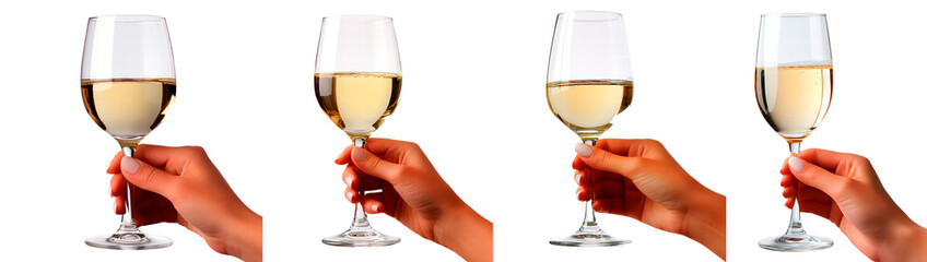 Obraz premium Set of elegant female hand holding a glass of white wine isolated on transparent background PNG 