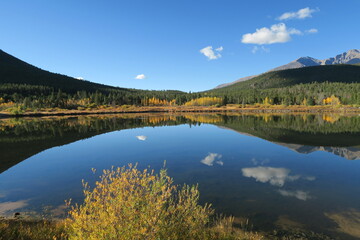 Autumn mountains seen from the lakeside of Lily lake, Estes Park, Colorado