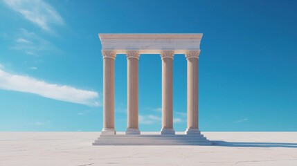 Iconic Greek Temple with Classical Columns Against Bright Blue Sky