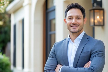 Fototapeta premium A young professional man stands confidently outside, wearing a stylish gray suit, with a smile on his face and crossed arms, conveying success and confidence.