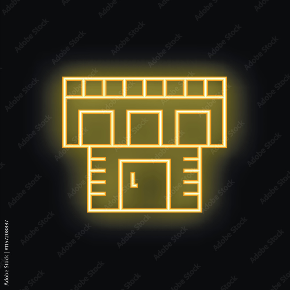 Poster yellow glowing neon icon representing self storage building with multiple storage units on black bac