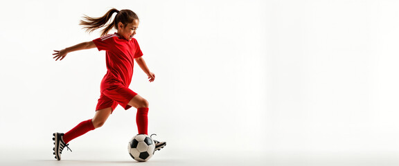 Young girl athlete in red sports uniform plays soccer. Girl kicks soccer ball in dynamic action. Studio shot on white background. Active, energetic sports fashion for children. Photo for sport