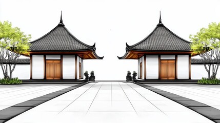 Fototapeta premium Serene Japanese Pagoda Temples in Lush Botanical Garden Landscape