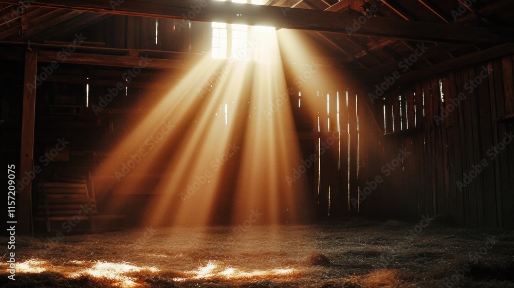 Poster sun rays streaming through barn window creating ethereal atmosphere