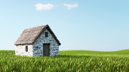 Obraz premium Charming Rustic Stone Cottage in a Peaceful Pastoral Landscape