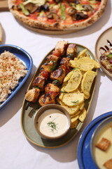 Grilled Chicken Skewers with Herb Potatoes and Creamy Dip