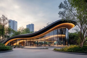 Fototapeta premium An impressive, smooth design building featuring a wavy glass facade, surrounded by urban elements, mirroring natural light and city reflections in a striking panorama.