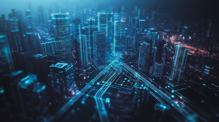 Obraz premium Smart digital Innovation city with connection network reciprocity over the cityscape. of future smart wireless digital city and social media networking systems that connects people with in city