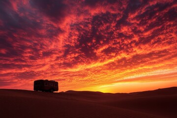 A striking image showcasing a camper silhouetted against the horizon of a desert landscape, with a sky ablaze in vibrant sunset hues, evoking adventure and wanderlust.