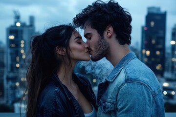 Fototapeta premium Capture the essence of urban romance with this tender forehead kiss against a glowing cityscape at night Discover a loving couple sharing an intimate moment with a backdrop of city lights