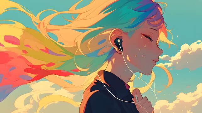 Lofi style depiction of a girl with rainbow hair, listening to sad music, embodying deep emotions