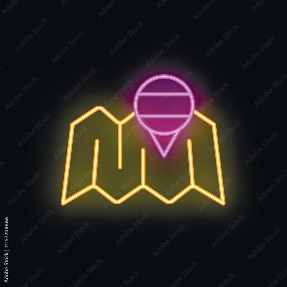 Poster neon pin is marking a specific location on a folded paper map with glowing edges